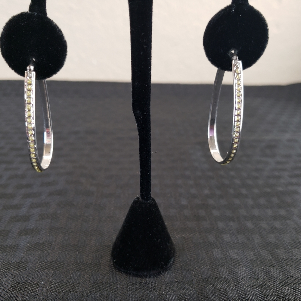 Sterling Silver CZ Oblong Hoop Earrings Signed SLC 925
